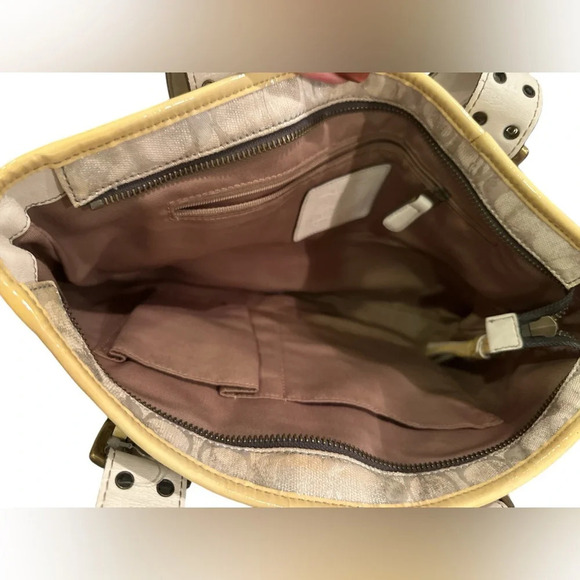 COACH 2181 Limited Ed. Metallic Silver Slim Tote Canvas Bag Yellow Patent Trim - Picture 5 of 7